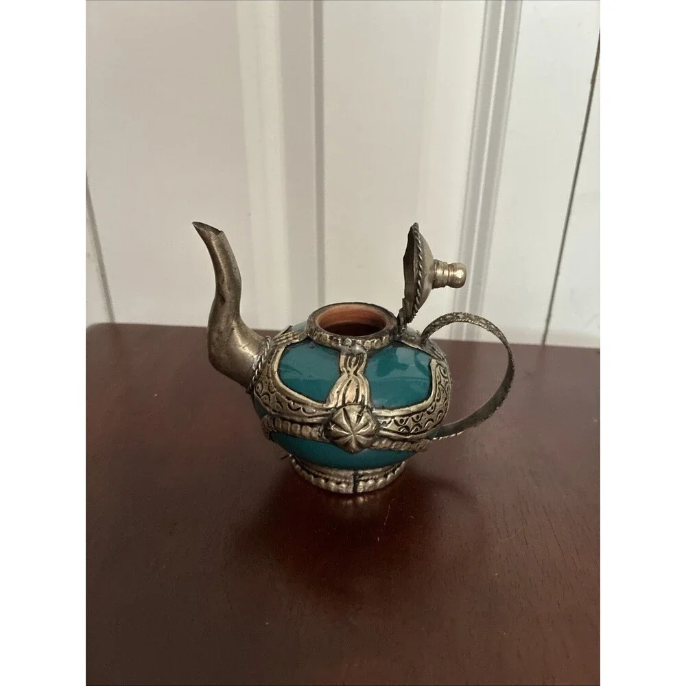 Vintage Moroccan Miniature Teapot Teal Ceramic Silver Metal Filigree Decorative